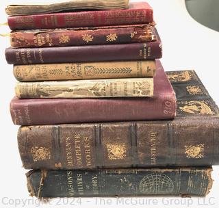 Group of Antique and Leather Bound Books Including Longfellow, N.V. Peal, Dickens, John Bunyan.