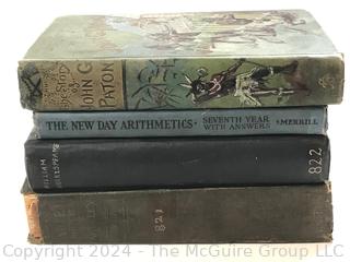 Four (4) Vintage Books Including Ariel Life of Shelley by Andre Maurois, Trans by D'Arcy, First Ed 1924, Early Math Primer, Shakespeare and Life Among the Savages