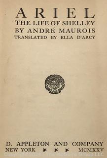 Four (4) Vintage Books Including Ariel Life of Shelley by Andre Maurois, Trans by D'Arcy, First Ed 1924, Early Math Primer, Shakespeare and Life Among the Savages