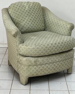 Upholstered Arm Chair. First of two being offered in this auction. Measures 33w x 30d x 29h"