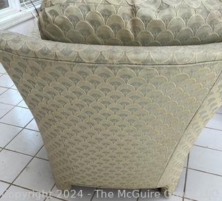 Upholstered Arm Chair. First of two being offered in this auction. Measures 33w x 30d x 29h"