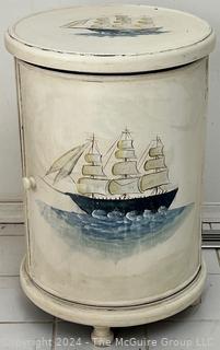 White Painted Drum End Table with Ship. 17 x 27"