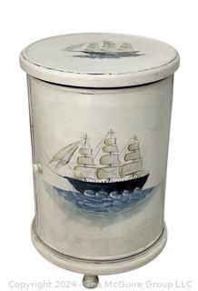 White Painted Drum End Table with Ship. 17 x 27"