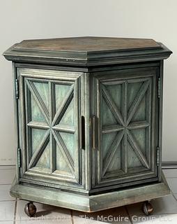 Hexagon End Table on Casters with Verdigris Finish. Second of two offered in this auction. 27 x 23 x 24h"