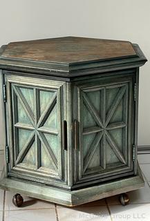 Hexagon End Table on Casters with Verdigris Finish. Second of two offered in this auction. 27 x 23 x 24h"