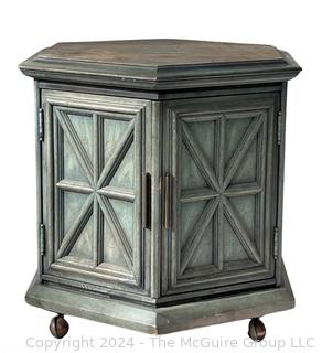 Hexagon End Table on Casters with Verdigris Finish. Second of two offered in this auction. 27 x 23 x 24h"