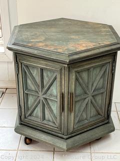 Hexagon End Table on Casters with Verdigris Finish. First of two offered in this auction. Measures 27 x 23 x 24h"