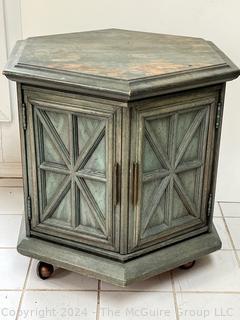 Hexagon End Table on Casters with Verdigris Finish. First of two offered in this auction. Measures 27 x 23 x 24h"