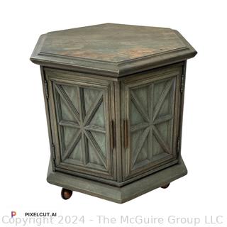 Hexagon End Table on Casters with Verdigris Finish. First of two offered in this auction. Measures 27 x 23 x 24h"