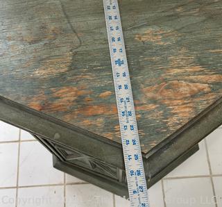 Hexagon End Table on Casters with Verdigris Finish. First of two offered in this auction. Measures 27 x 23 x 24h"