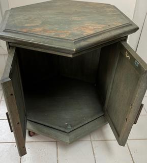 Hexagon End Table on Casters with Verdigris Finish. First of two offered in this auction. Measures 27 x 23 x 24h"