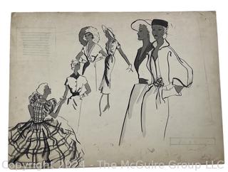 Mid Century Watercolor and Pen on Board Fashion Advertisement Illustration with Hats.  15" x 20"