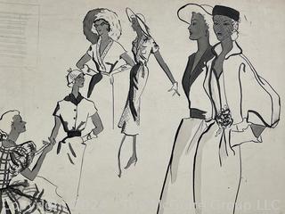 Mid Century Watercolor and Pen on Board Fashion Advertisement Illustration with Hats.  15" x 20"