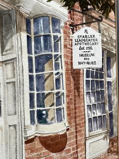 Unframed Matted Watercolor of "The Apothecary Shop", Old Town, Alexandria, VA Signed by Artist by Chris Krupinski 1989  24" x 18"