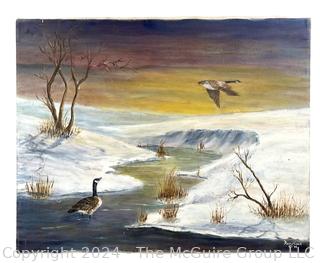 Stretcher Framed Oil on Canvas Titled "Where The Wild Goose Goes" Signed by Artist Doris Cook 1988. 16" x 20"