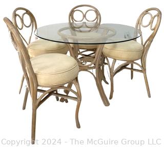 Five (5) Piece Rattan Dining Kitchen Set Including Glass Top Table and Four (4) Bent Wood Chairs. Table Diameter 42"