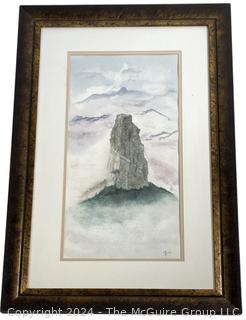 Framed Under Glass Watercolor of Rock Promontory Signed by Falls Church Artist Mildred Kemp. 19" x 28.5" 