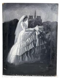 Black & White Oil on Board Portrait of the Bride Signed by Artist McLeod.  15 x 19.5"