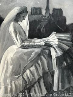 Black & White Oil on Board Portrait of the Bride Signed by Artist McLeod.  15 x 19.5"