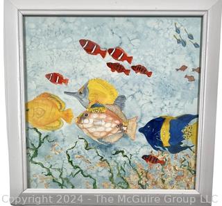 Framed Under Patterned Glass Watercolor of Fish Signed by Artist Mildred Kemp.  13" square