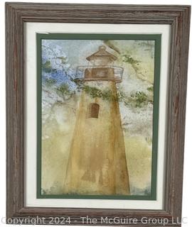 Framed Under Glass Watercolor of Lighthouse, Unsigned. 10 x 12.5" 