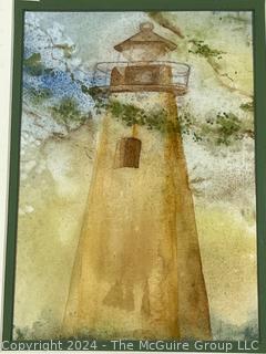 Framed Under Glass Watercolor of Lighthouse, Unsigned. 10 x 12.5" 