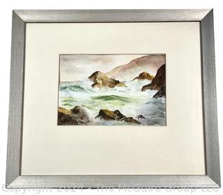 Framed Under Glass Watercolor of Seascape Signed by Falls Church Artist Mildred Kemp. 15" x 17" 