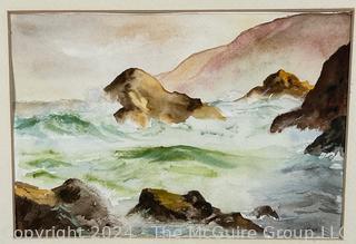 Framed Under Glass Watercolor of Seascape Signed by Falls Church Artist Mildred Kemp. 15" x 17" 