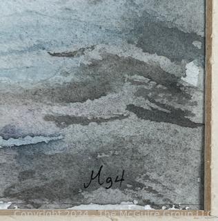 Framed Under Glass Watercolor of Seascape Signed by Falls Church Artist Mildred Kemp. 15" x 17" 