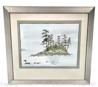 Framed Watercolor of Island Signed by Artist Mildred Kemp. 15 x 17"