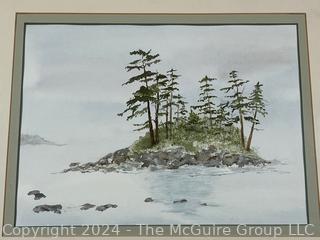 Framed Watercolor of Island Signed by Artist Mildred Kemp. 15 x 17"