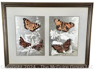 1970's Pair of Framed Under Glass Foil Butterfly Prints. 13" x 18"