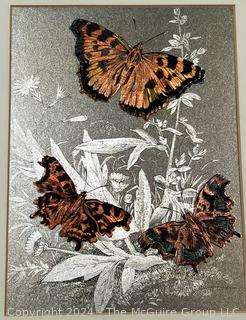 1970's Pair of Framed Under Glass Foil Butterfly Prints. 13" x 18"