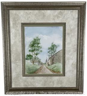 Framed Under Glass Pen and Ink Watercolor Study of Farm Lane, Unsigned. 17" x 19" 