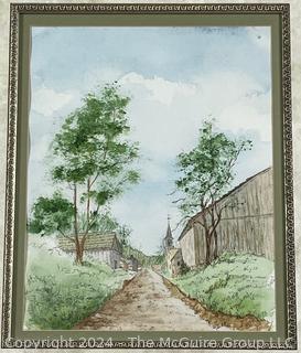 Framed Under Glass Pen and Ink Watercolor Study of Farm Lane, Unsigned. 17" x 19" 