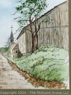 Framed Under Glass Pen and Ink Watercolor Study of Farm Lane, Unsigned. 17" x 19" 