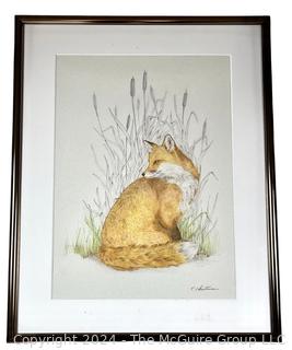 Framed Under Glass Original Painting of a Fox In The Field Signed by Artist Teri Christensen. 16 x 20"