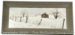 Framed Under Glass Watercolor of Winter Scene Signed by Falls Church Artist Mildred Kemp.  11.5" x 23.5"