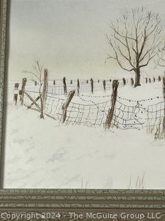 Framed Under Glass Watercolor of Winter Scene Signed by Falls Church Artist Mildred Kemp.  11.5" x 23.5"