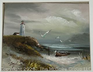 Framed Under Glass Oil on Canvas of Seascape with Lighthouse Signed by Artist Engel. 16" x 20"
