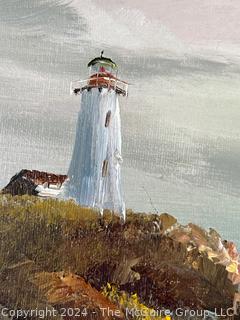 Framed Under Glass Oil on Canvas of Seascape with Lighthouse Signed by Artist Engel. 16" x 20"
