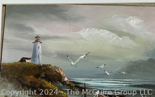 Framed Under Glass Oil on Canvas of Seascape with Lighthouse Signed by Artist Engel. 16" x 20"
