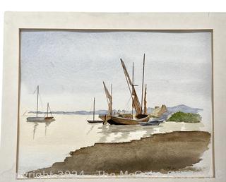 Unframed Watercolor of Boats in Harbor by Falls Church Artist Mildred Kemp. 10 x 12"