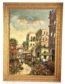 Framed Oil on Canvas Italian Market Scene Signed by Artist Walter Petrini.  24" x 32" 