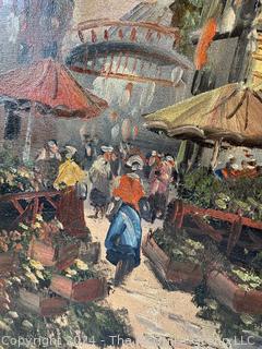 Framed Oil on Canvas Italian Market Scene Signed by Artist Walter Petrini.  24" x 32" 