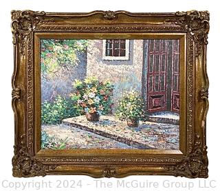 Framed Oil on Canvas of Flowers on Door Step Signed by Artist JoAnn Murray. 23" x 27" 