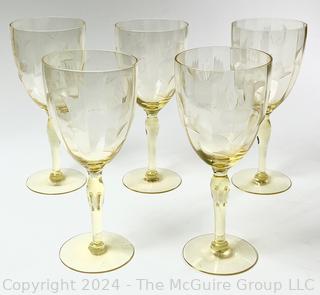 Five (5) Yellow Crystal Glass Stemmed Goblets.