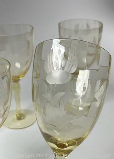 Five (5) Yellow Crystal Glass Stemmed Goblets.