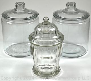 Three (3) Clear Heavy Glass Apothecary Jars with Lids.