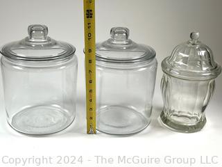 Three (3) Clear Heavy Glass Apothecary Jars with Lids.